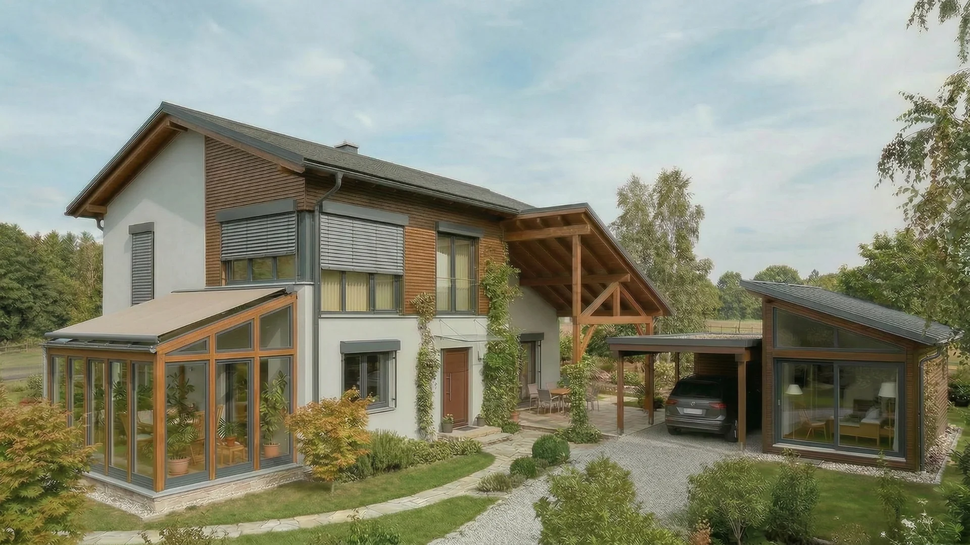 Modernes Einfamilienhaus mit Wintergarten, Carport und gepflegtem Garten, harmonisch eingebettet in eine grüne Landschaft mit Bäumen und Sträuchern